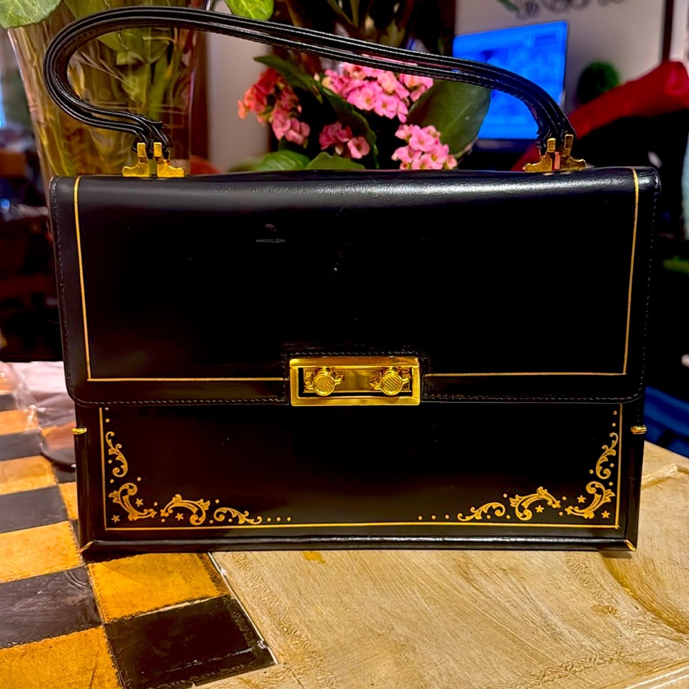 Misuri  Kelly purse vintage leather with gold gilding Navy blue